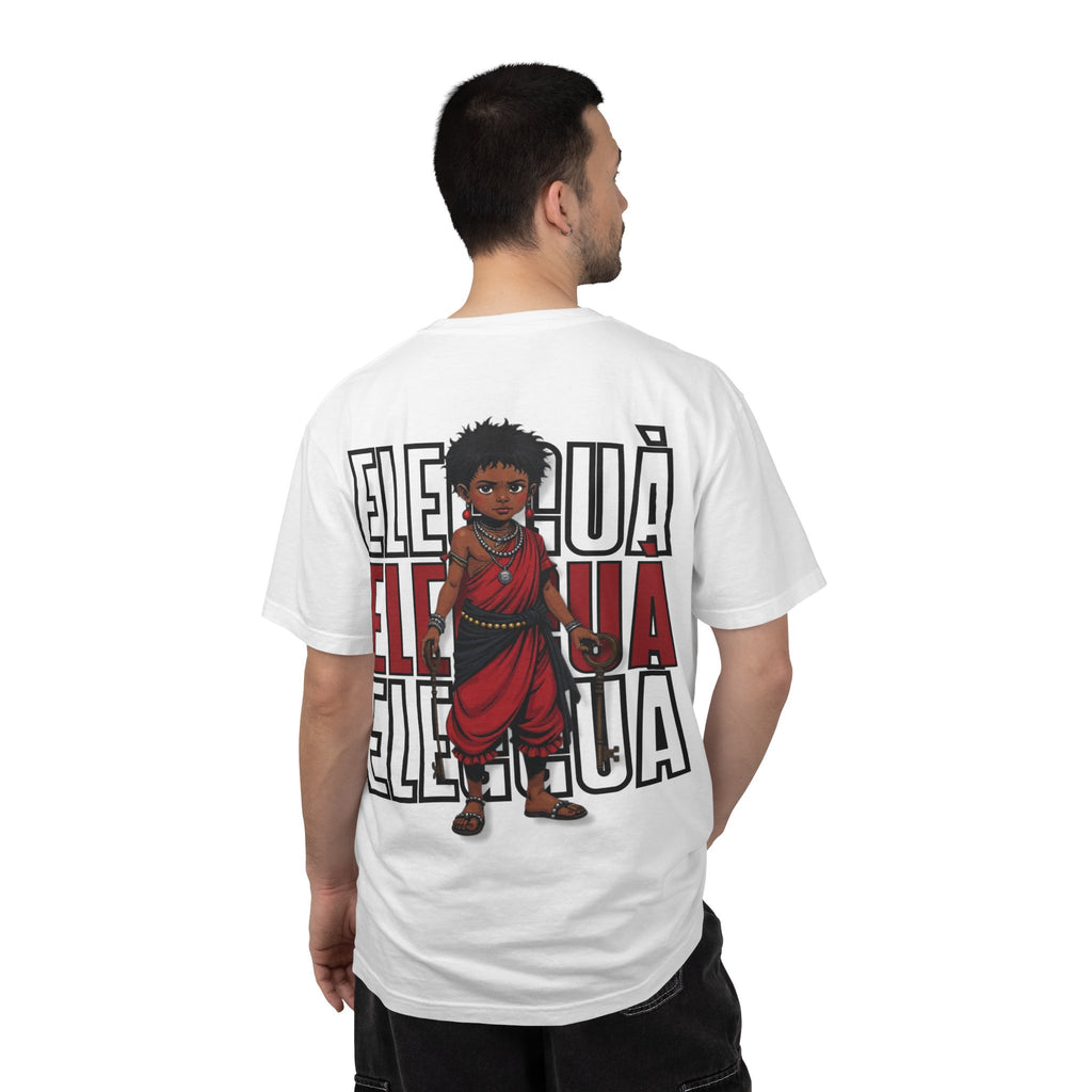 Elegguà T-Shirt — Afro Child Illustration Tee with Repeated Text Back Print