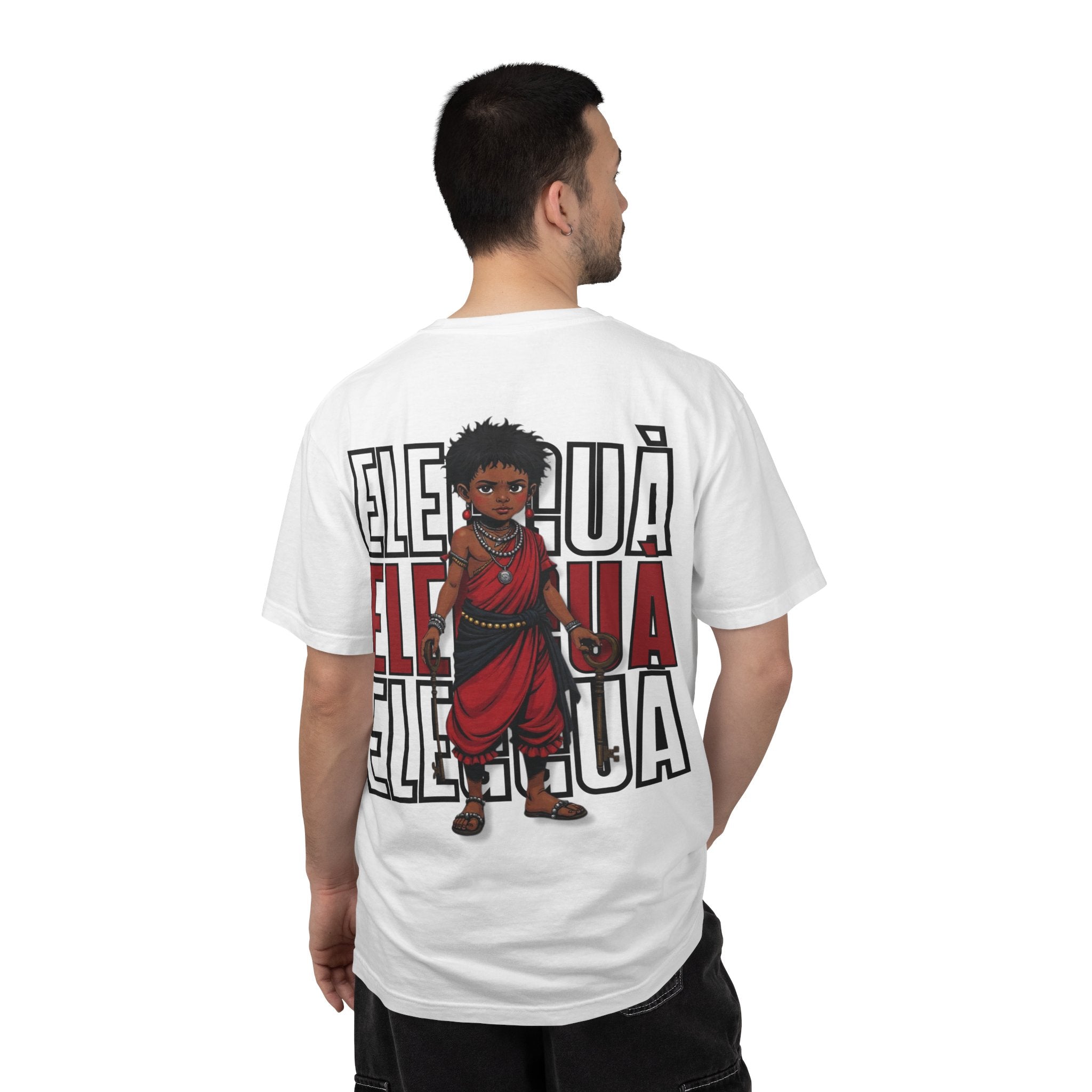 Elegguà T-Shirt — Afro Child Illustration Tee with Repeated Text Back Print
