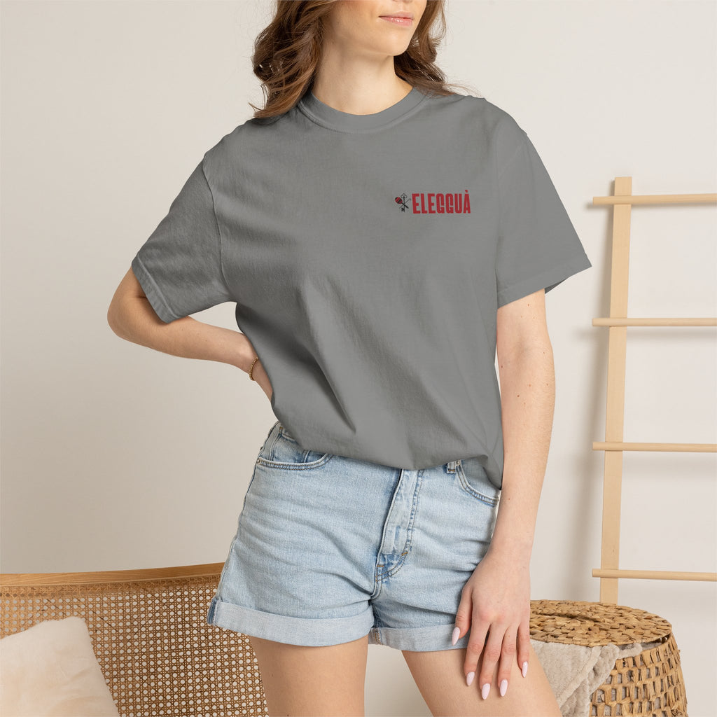 Elegguà T-Shirt — Afro Child Illustration Tee with Repeated Text Back Print