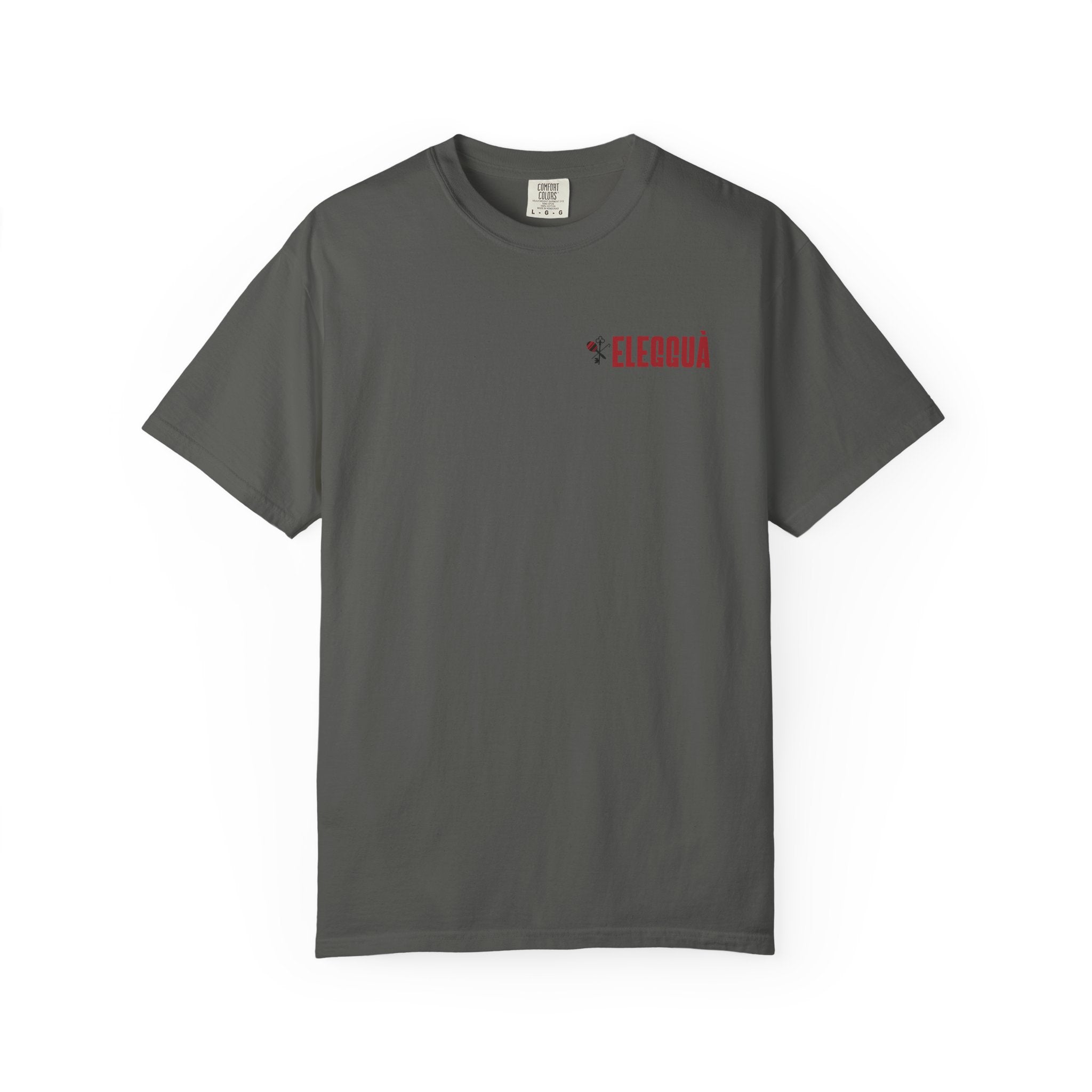 Elegguà T-Shirt — Afro Child Illustration Tee with Repeated Text Back Print