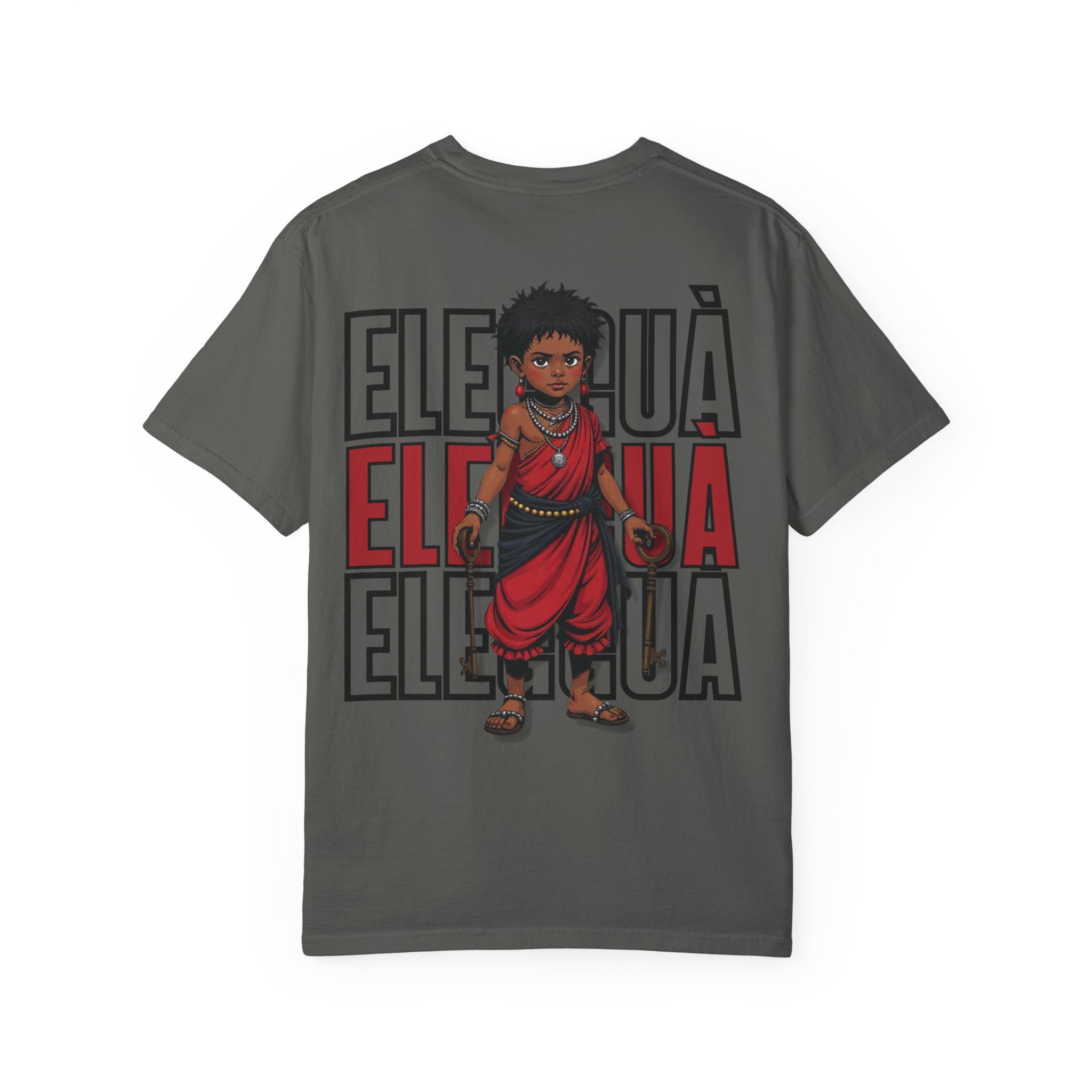 Elegguà T-Shirt — Afro Child Illustration Tee with Repeated Text Back Print