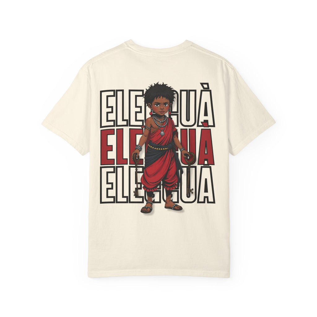 Elegguà T-Shirt — Afro Child Illustration Tee with Repeated Text Back Print