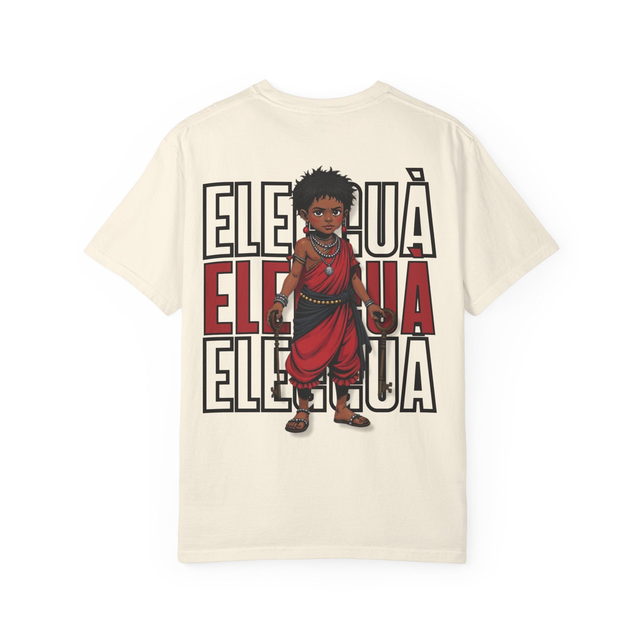 Elegguà T-Shirt — Afro Child Illustration Tee with Repeated Text Back Print