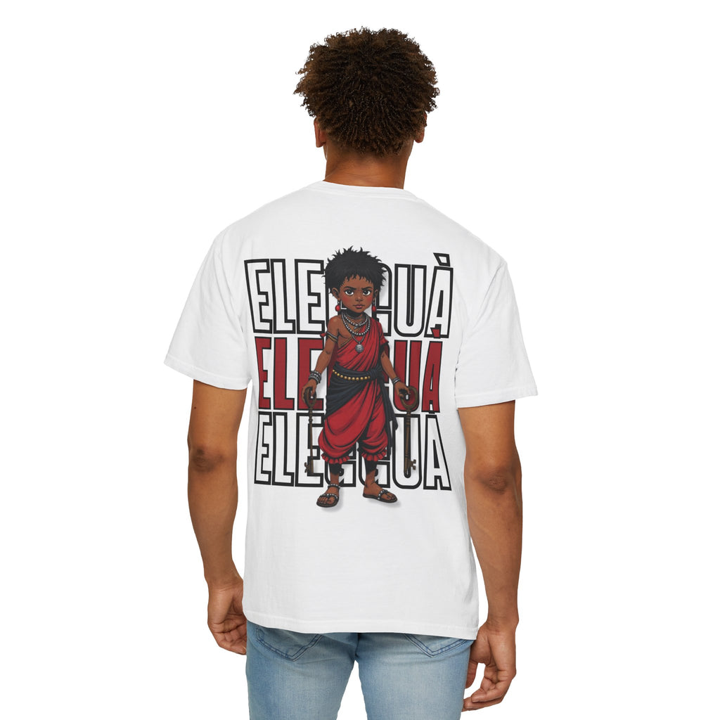 Elegguà T-Shirt — Afro Child Illustration Tee with Repeated Text Back Print