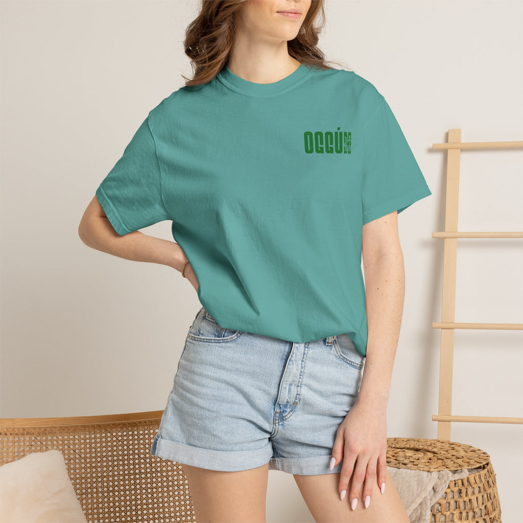 Oggún warrior illustration T-shirt | Afro-Caribbean deity art, green back print