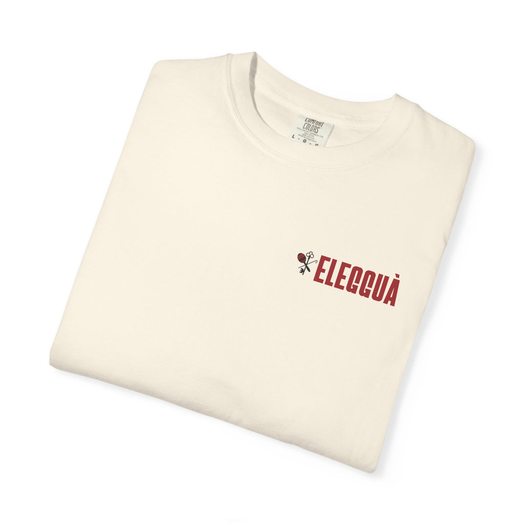 Elegguà T-Shirt — Afro Child Illustration Tee with Repeated Text Back Print