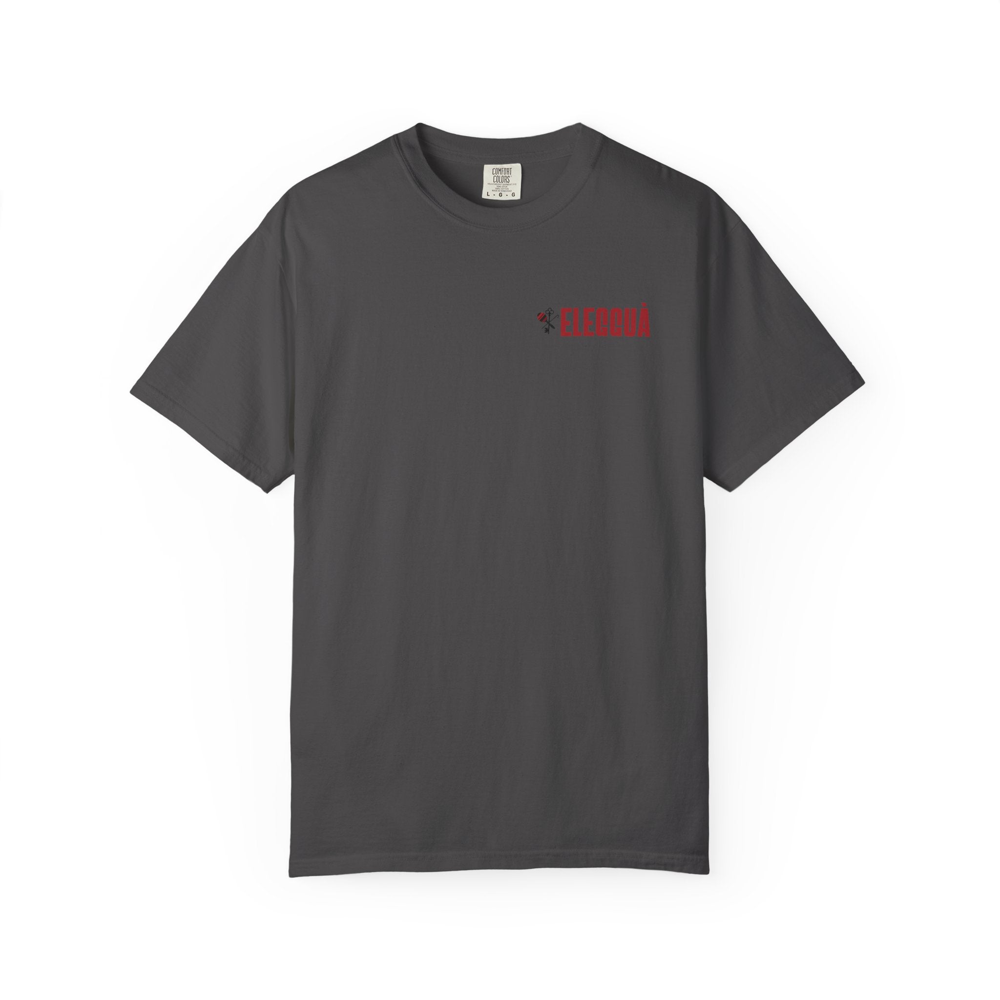 Elegguà T-Shirt — Afro Child Illustration Tee with Repeated Text Back Print