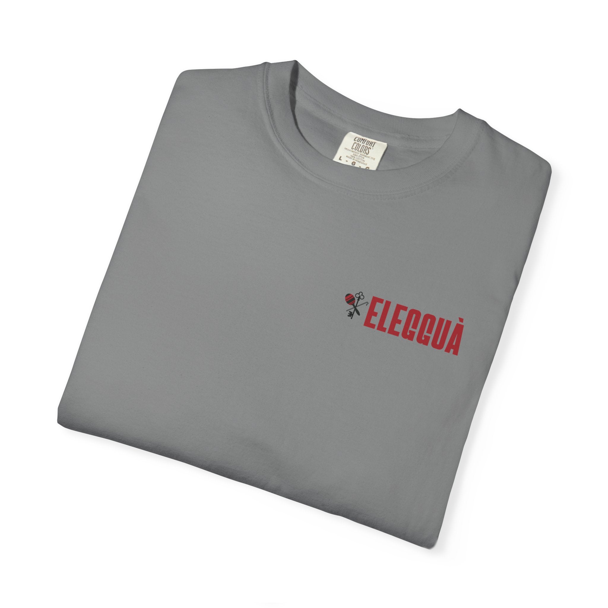 Elegguà T-Shirt — Afro Child Illustration Tee with Repeated Text Back Print