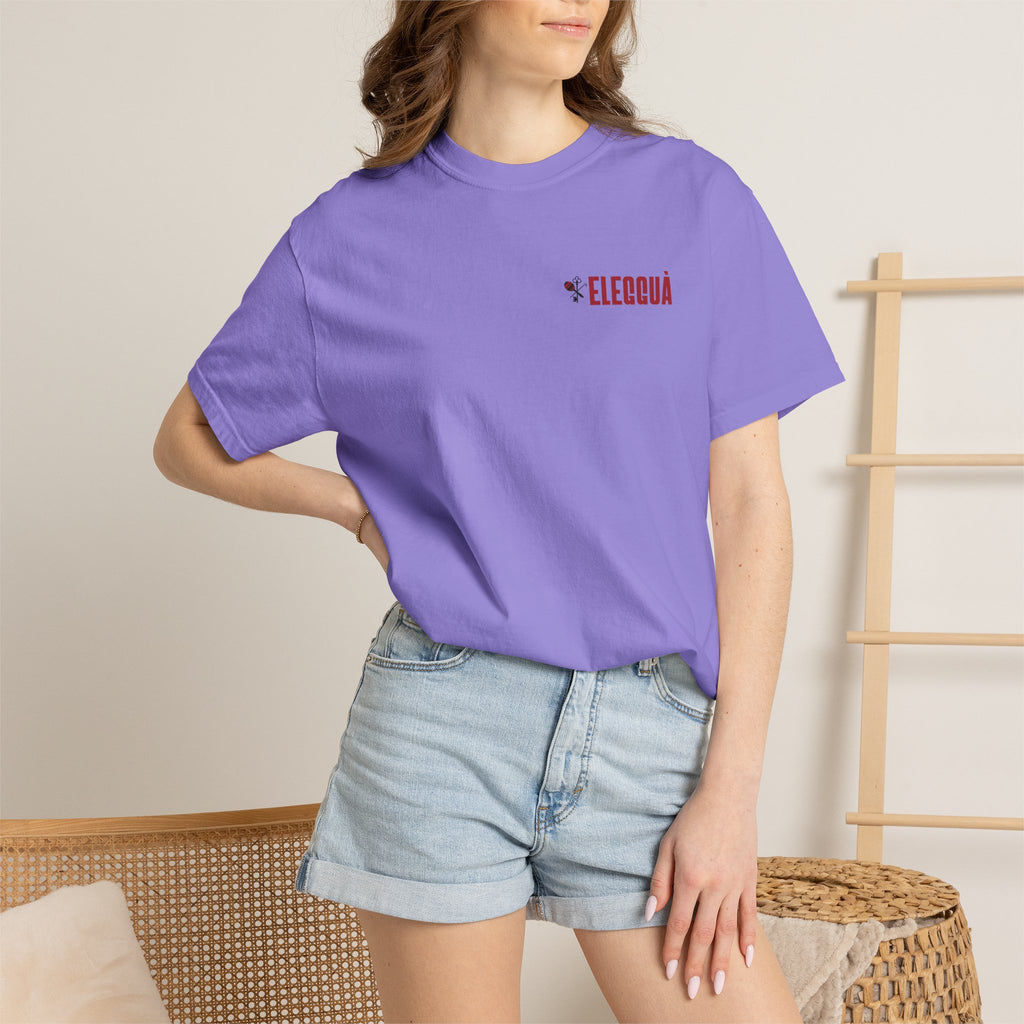 Elegguà T-Shirt — Afro Child Illustration Tee with Repeated Text Back Print
