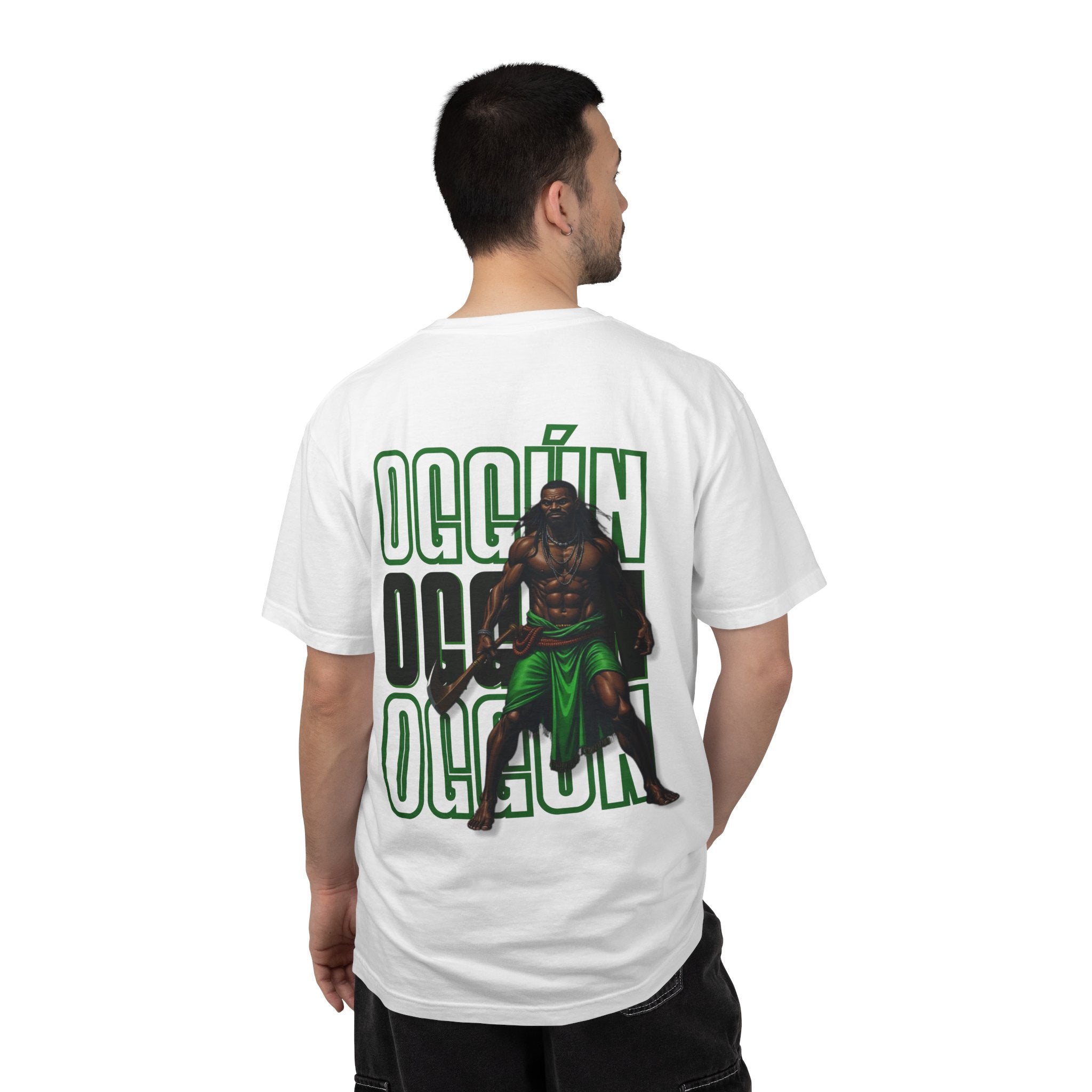 Oggún warrior illustration T-shirt | Afro-Caribbean deity art, green back print