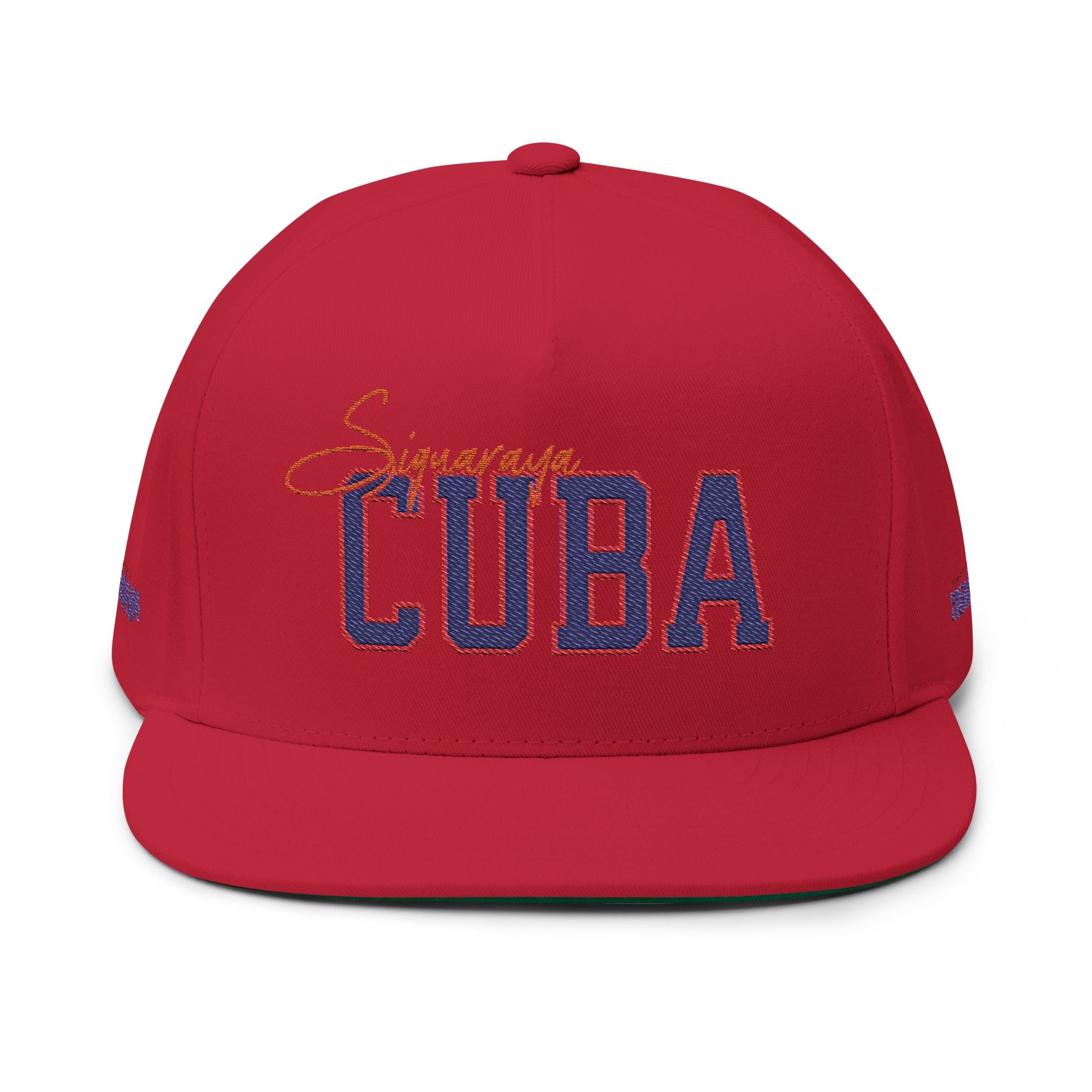 Cuba Embroidered Flat Bill Cap — Vintage Script Cuban Pride Snapback