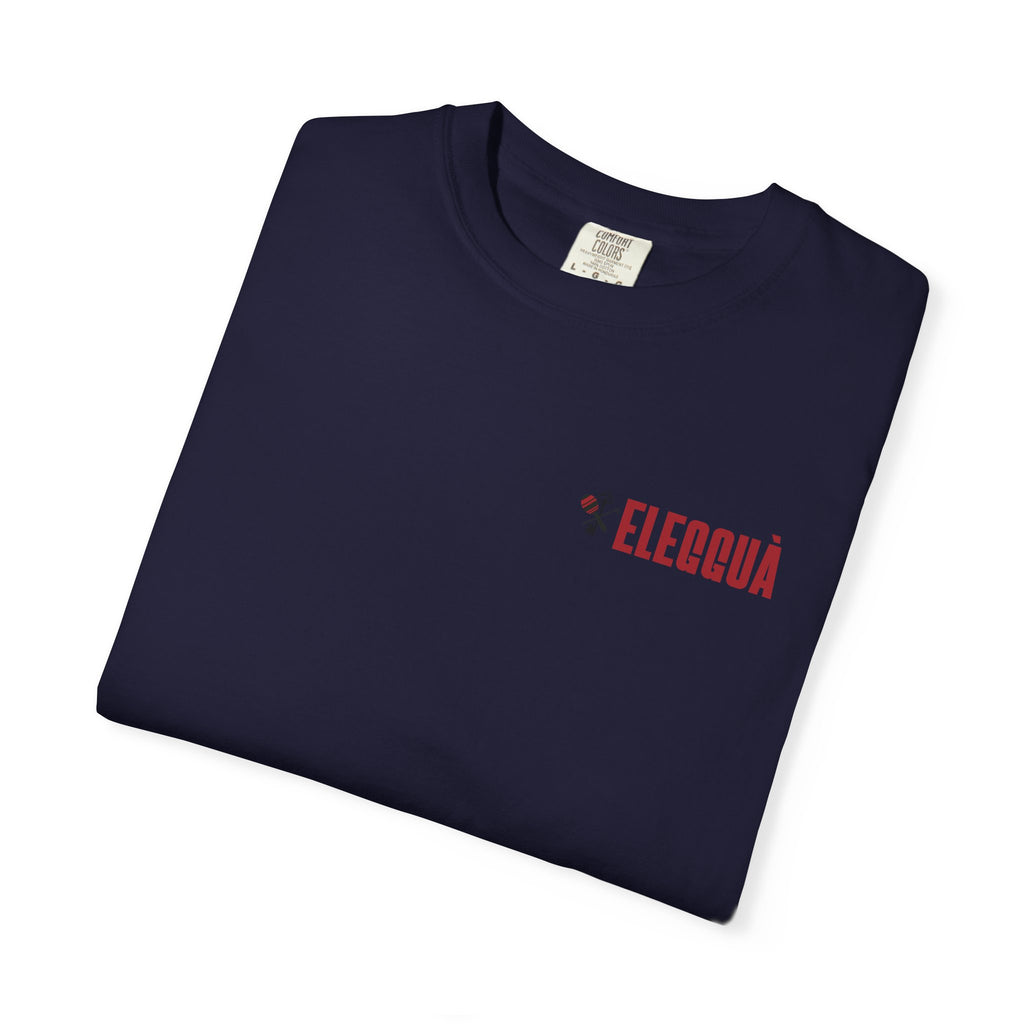 Elegguà T-Shirt — Afro Child Illustration Tee with Repeated Text Back Print