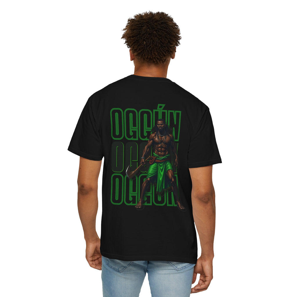 Oggún warrior illustration T-shirt | Afro-Caribbean deity art, green back print