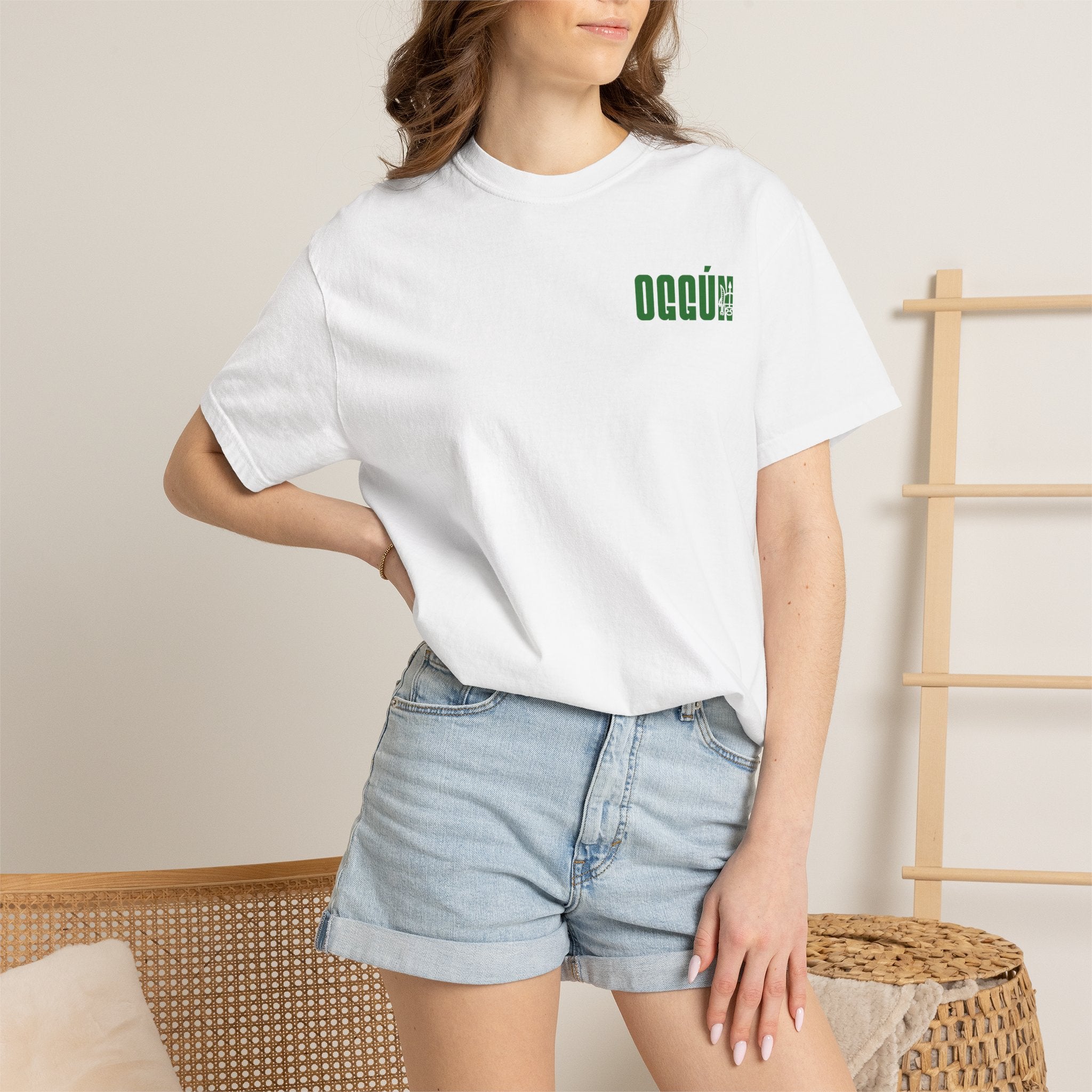 Oggún warrior illustration T-shirt | Afro-Caribbean deity art, green back print