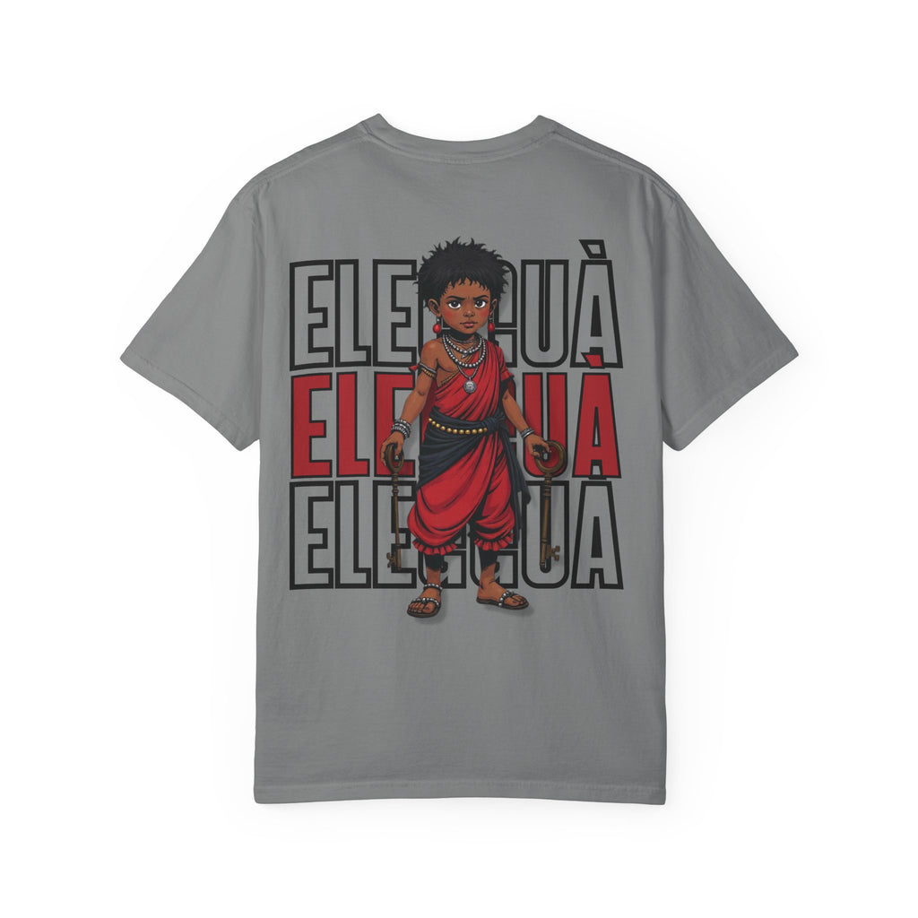 Elegguà T-Shirt — Afro Child Illustration Tee with Repeated Text Back Print