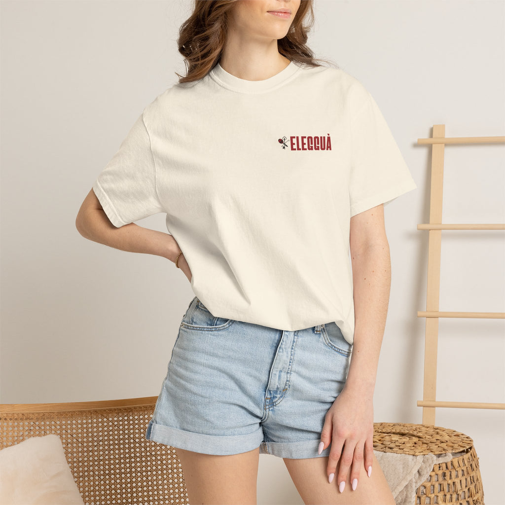 Elegguà T-Shirt — Afro Child Illustration Tee with Repeated Text Back Print