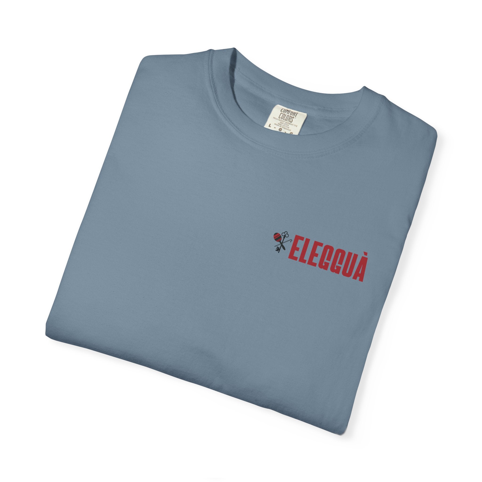 Elegguà T-Shirt — Afro Child Illustration Tee with Repeated Text Back Print