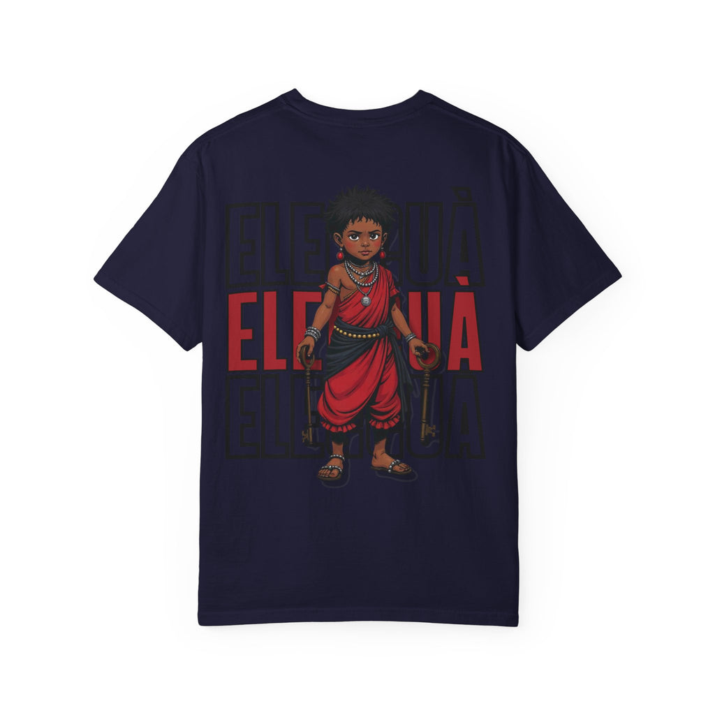 Elegguà T-Shirt — Afro Child Illustration Tee with Repeated Text Back Print
