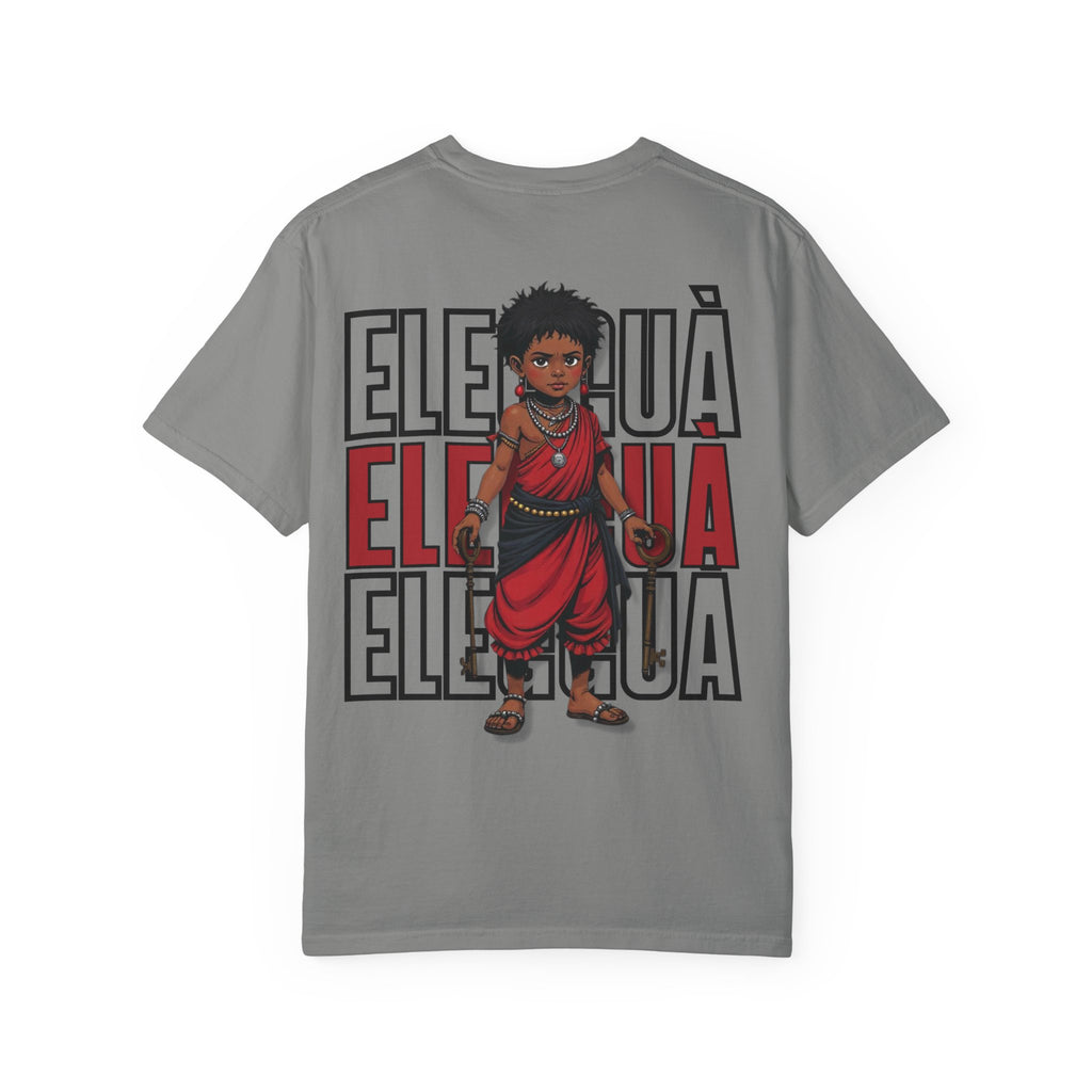 Elegguà T-Shirt — Afro Child Illustration Tee with Repeated Text Back Print