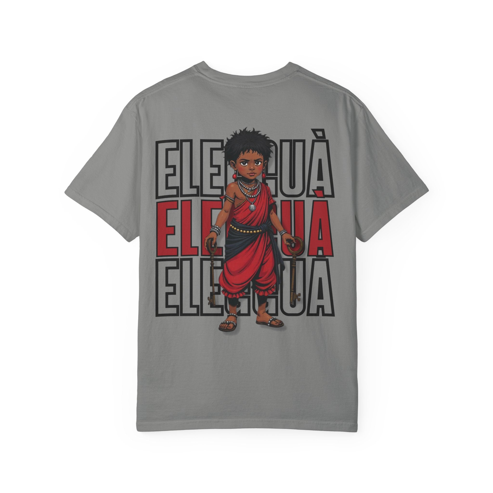 Elegguà T-Shirt — Afro Child Illustration Tee with Repeated Text Back Print