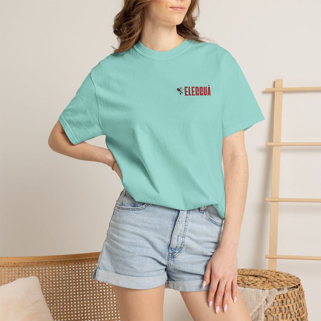Elegguà T-Shirt — Afro Child Illustration Tee with Repeated Text Back Print