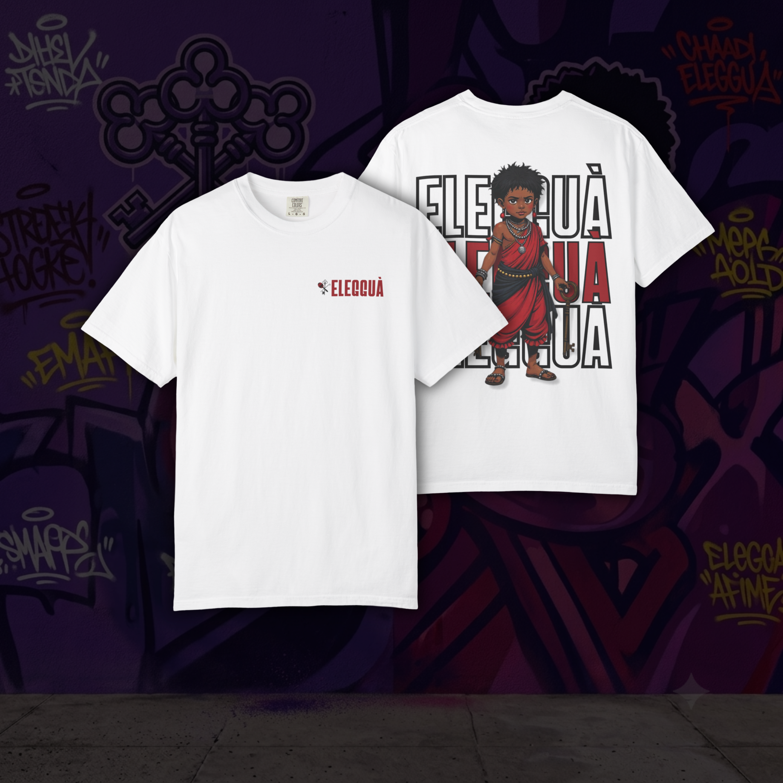 Elegguà T-Shirt — Afro Child Illustration Tee with Repeated Text Back Print